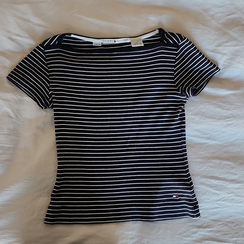 TOMMY Hilfiger Cotton White & Blue Striped Stretch T Shirt. Size SP